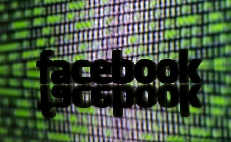 FILE PHOTO: 3D-printed Facebook logo is seen in front of a displayed cyber code