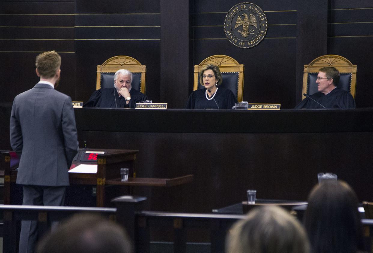 Judges on the Arizona Court of Appeals listen to arguments on Oct. 17, 2019.