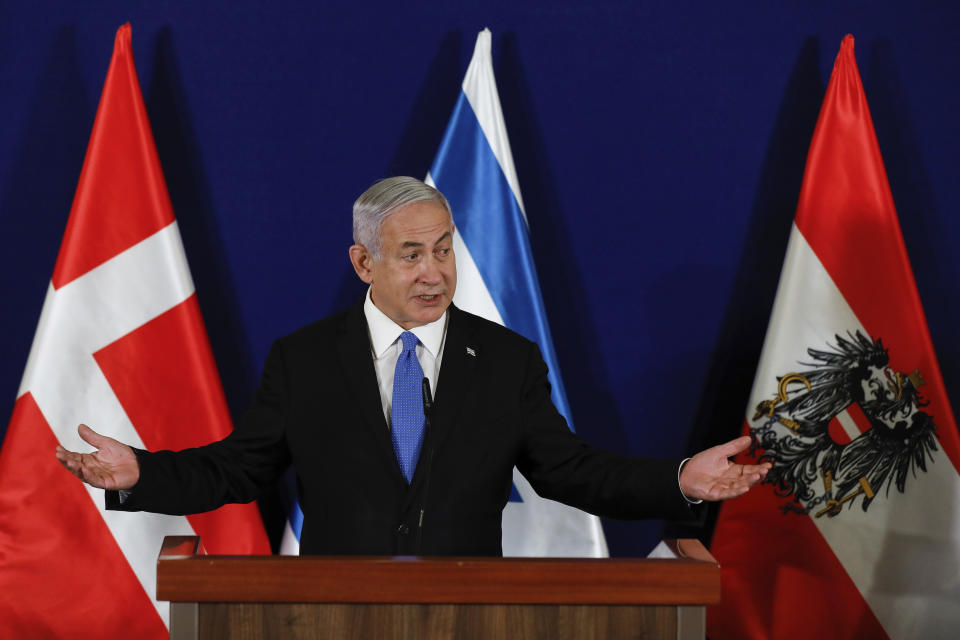 Israeli Prime Minister Benjamin Netanyahu speaks during a joint statement with the Danish Prime Minister Mette Frederiksen and Austrian Chancellor Sebastian Kurz at the Israeli Prime minister office in Jerusalem on Thursday, March 4, 2021. (Olivier Fitoussi/Pool Photo via AP)