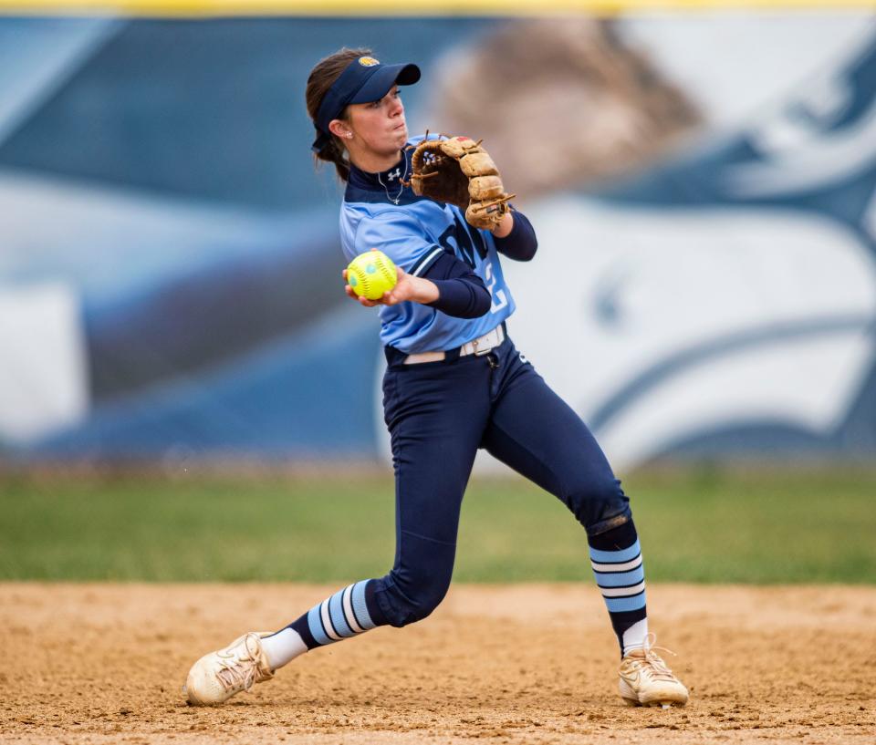 Rock valley's Jenna Turner throws the ball to first base against Lake County on Friday, April 15, 2022, at Rock Valley College in Rockford.