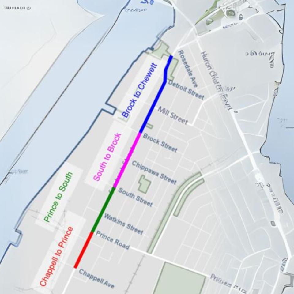 Windsor police say portions of Sandwich Street from Chappell to Chewett will be reduced to one lane beginning April 15 for road construction. 