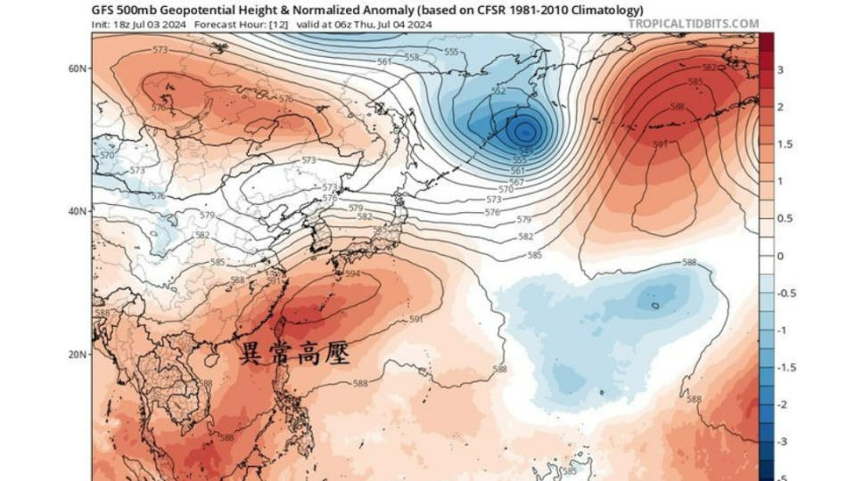 500百帕異常高壓，線條是500百帕重力為高度，底色是距平 。翻攝自鄭明典臉書