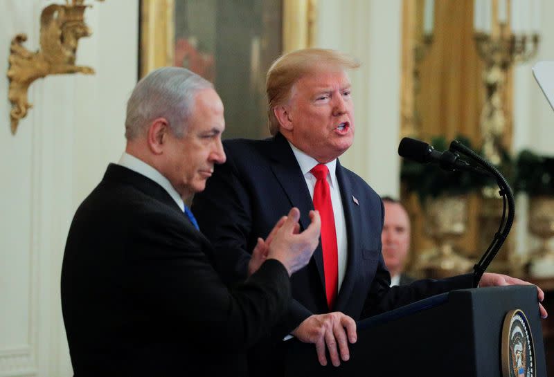 U.S. President Trump and Israel's Prime Minister Netanyahu discuss Middle East peace proposal at White House in Washington