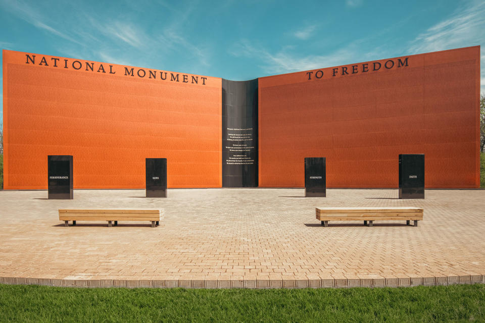 More than a 100-foot wide by 40 feet high, angled like an open book and with more than 100,000 surnames inscribed, documenting  all the known enslaved people who were emancipated in 1865. (Equal Justice Initiative)