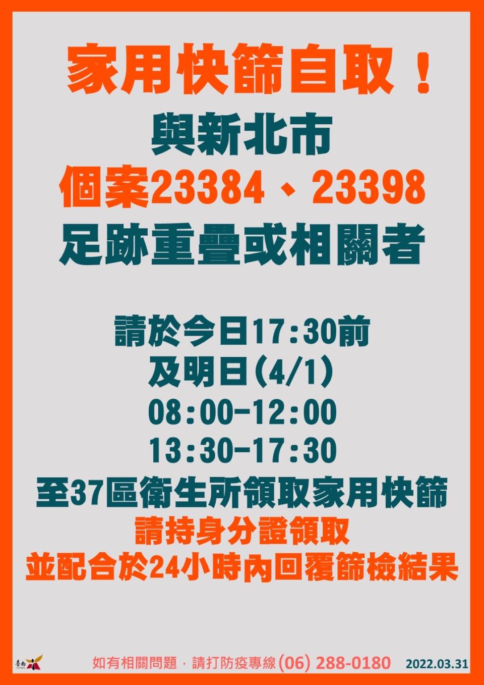 與確診者足跡重疊相關者請於指定時間領取家用快篩。（圖／台南市政府）