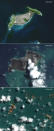 This combination of this satellite images provided by Maxar Technologies shows an overview of Hunga Tonga Hunga Ha'apai volcano in Tonga on April 10, 2021, top, on Jan. 6, 2022, middle, and Jan. 18, 2022,, showing what’s left after the Jan. 15 eruption. (Satellite image ©2022 Maxar Technologies via AP)