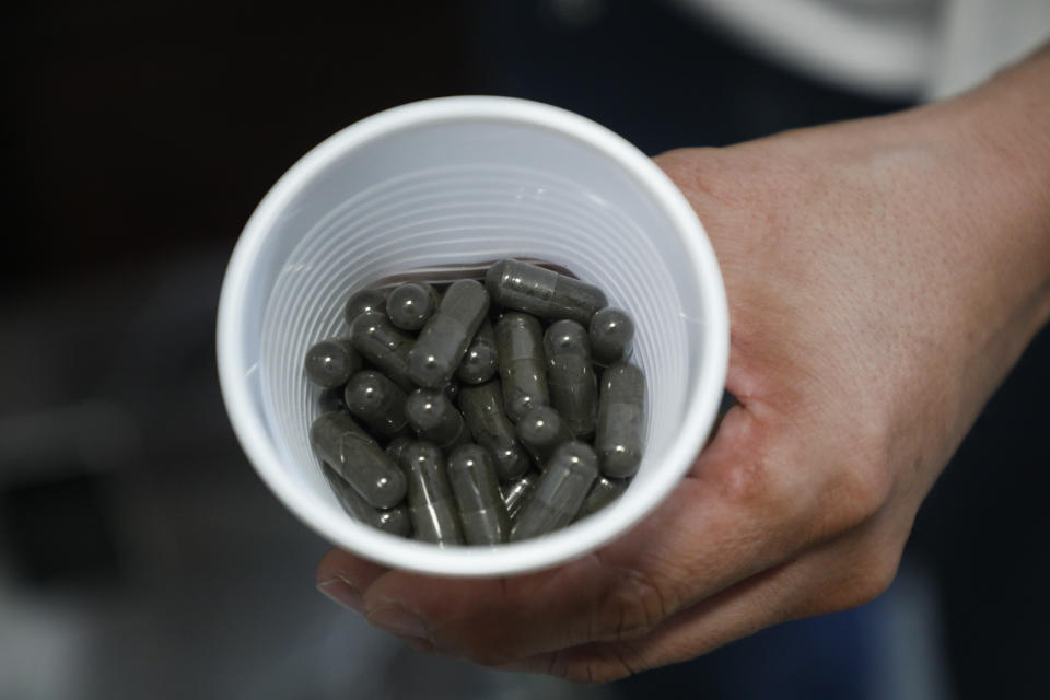 Edgard Boquín, a project leader working with Doctors Without Borders, holds a cup of gelatin caps filled with dried mosquito eggs, in Tegucigalpa, Honduras, Tuesday, Aug. 22, 2023. The eggs come from the World Mosquito Program's bio factory in Colombia, where they are bred to carry bacteria that interrupt the transmission of dengue. (AP Photo/Elmer Martinez)