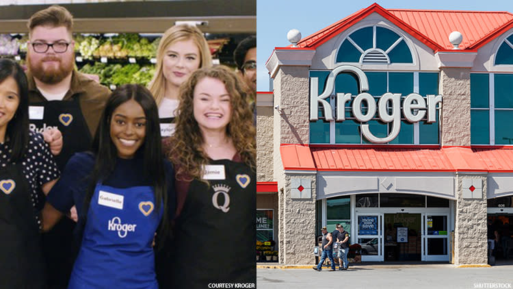 Kroger associates wearing the multi-colored heart in question and a Kroger store