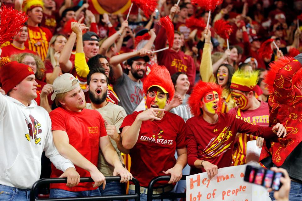 Iowa State fans cheer as the Hawkeyes take on the Cyclones at Hilton Coliseum in Ames, Thursday, Dec. 9, 2021.