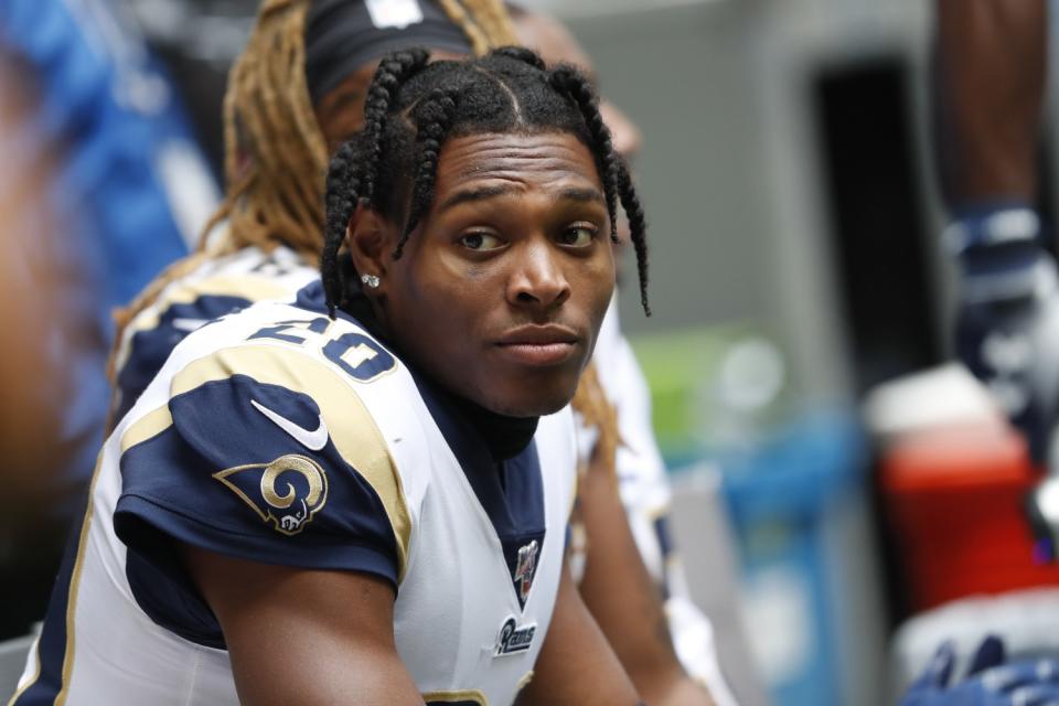 Rams cornerback Jalen Ramsey sits on the bench.