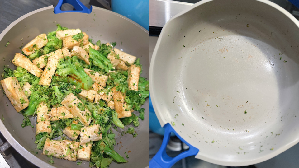 Author photos of tofu and broccoli cooked in the Always Pan / the residue-coated interior of the Always Pan with one clean stripe going across where a sponge had been used 