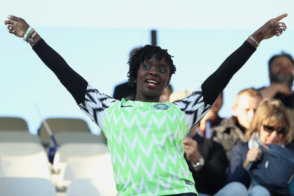 A Nigeria fan shows support prior to the 2019 FIFA Women's World Cup France group A match between Norway and Nigeria at Stade Auguste Delaune on June 08, 2019 in Reims, France. (Photo by Robert Cianflone/Getty Images)