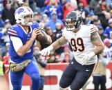 FILE PHOTO: Nov 4, 2018; Orchard Park, NY, USA; Buffalo Bills quarterback Nathan Peterman (2) is chased by Chicago Bears outside linebacker Aaron Lynch (99) during the fourth quarter at New Era Field. Mandatory Credit: Mark Konezny-USA TODAY Sports