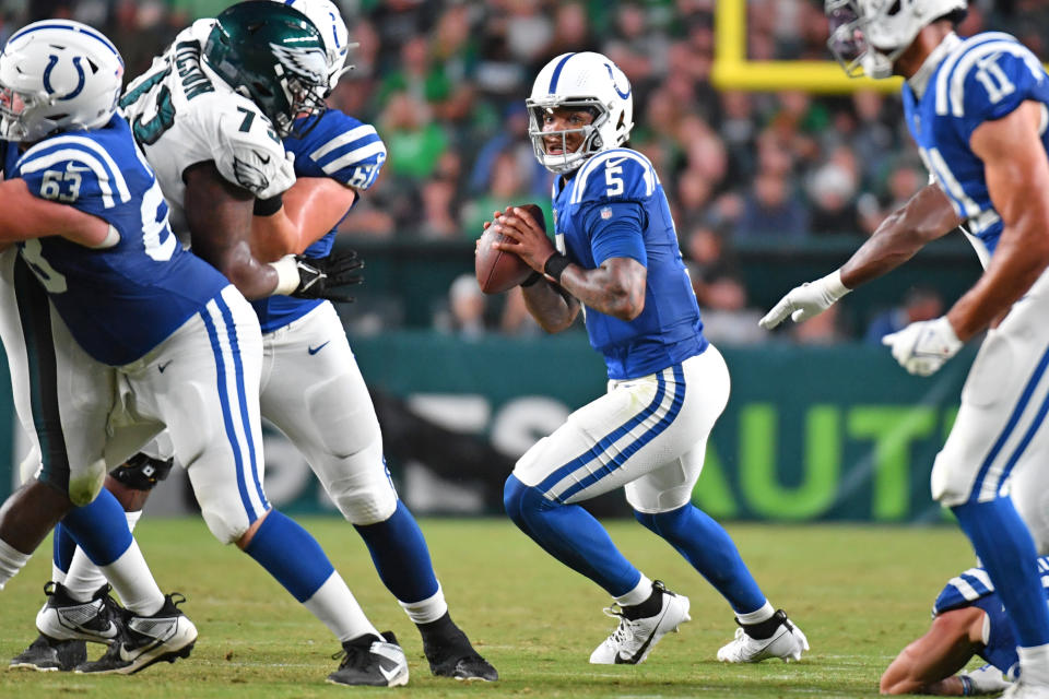 Aug 24, 2023; Philadelphia, Pennsylvania, USA; Indianapolis Colts quarterback Anthony Richardson (5) against the Philadelphia Eagles during the second quarter at Lincoln Financial Field. Mandatory Credit: Eric Hartline-USA TODAY Sports