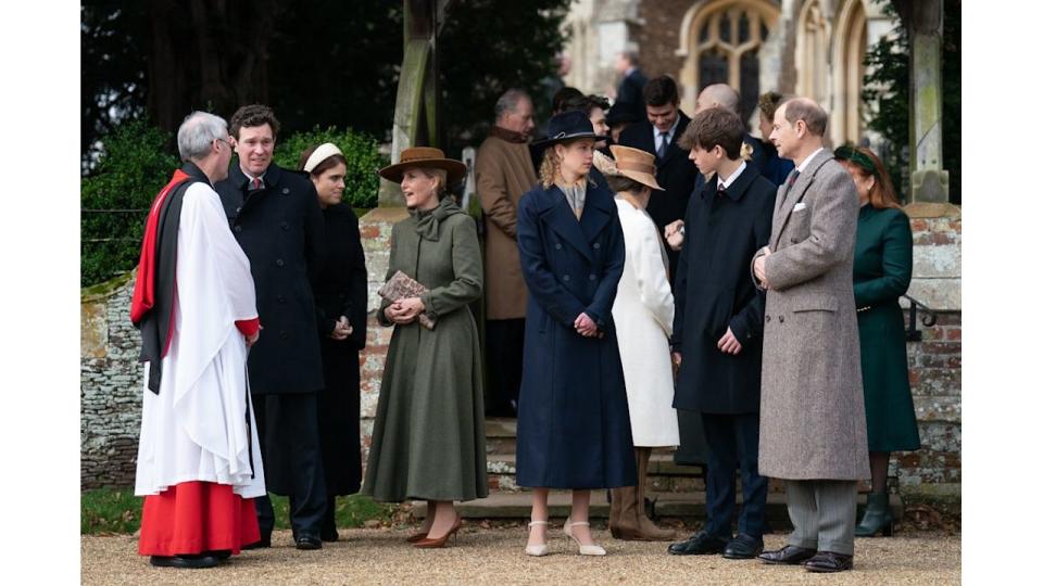 Jack Brooksbank, Princess Eugenie, the Duchess of Edinburgh, Lady Louise Windsor, James, Earl of Wessex and the Duke of Edinburgh attending the Christmas Day morning church service at St Mary Magdalene Church in Sandringham, 