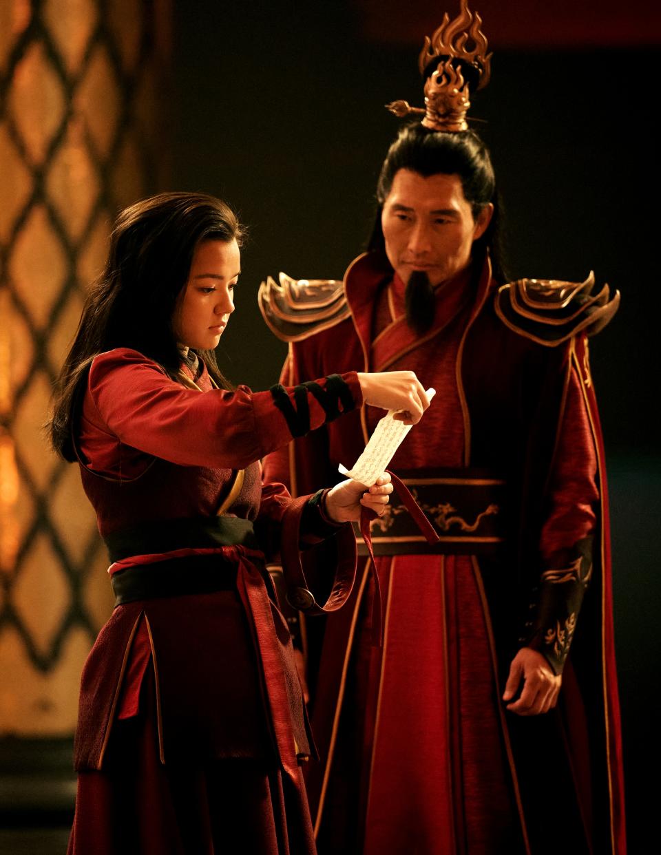 (L to R) Elizabeth Yu as Azula, Daniel Dae Kim as Ozai in season 1 of Avatar: The Last Airbender. 