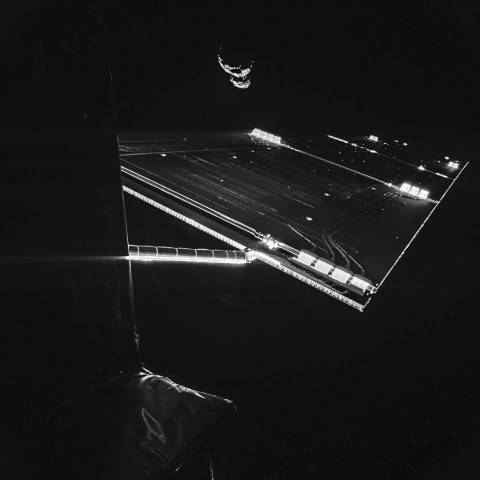 The Philae lander took this portrait of the Rosetta spacecraft on Sept. 7, 2014, at a distance of about 30 miles from comet <a href="http://photojournal.jpl.nasa.gov/catalog/PIA18872" target="_blank">67P/Churyumov-Gerasimenko</a>. 