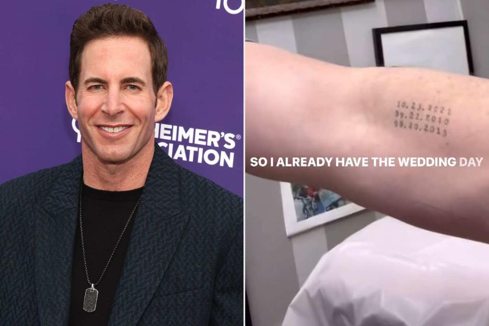 <p>Phillip Faraone/Getty; Tarek El Moussa/Instagram</p> Tarek El Moussa; An Instagram Stories post of his new tattoo