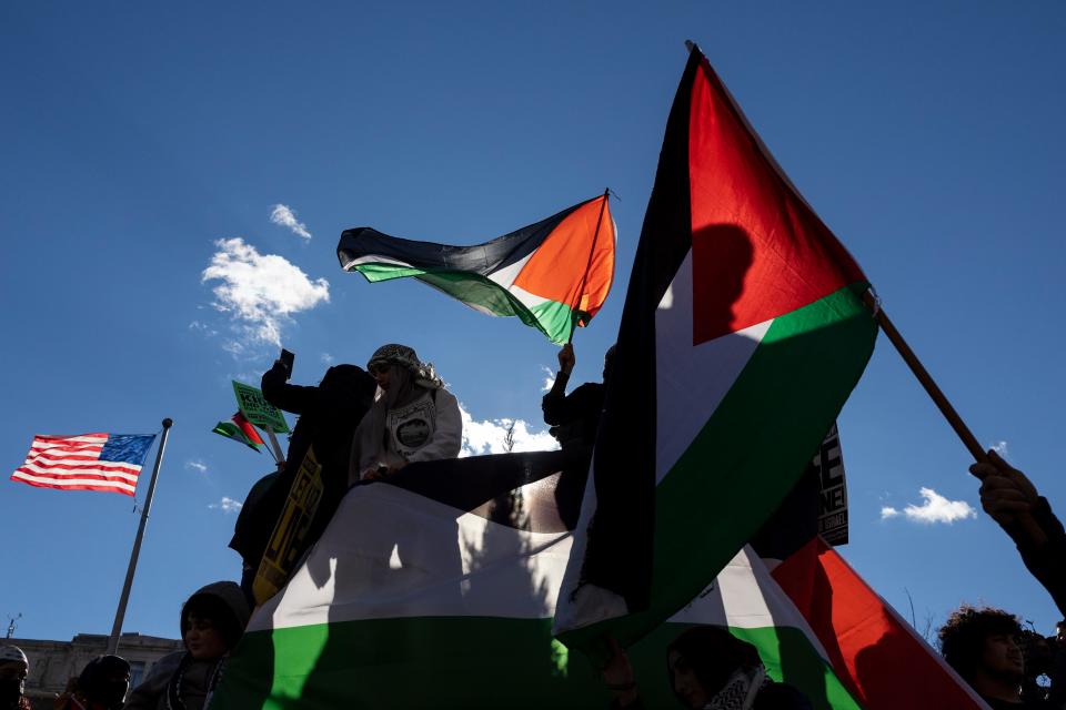 People wave Palestinian flags during the March on Washington for Gaza in Washington DC, United States, on Jan. 13, 2024.