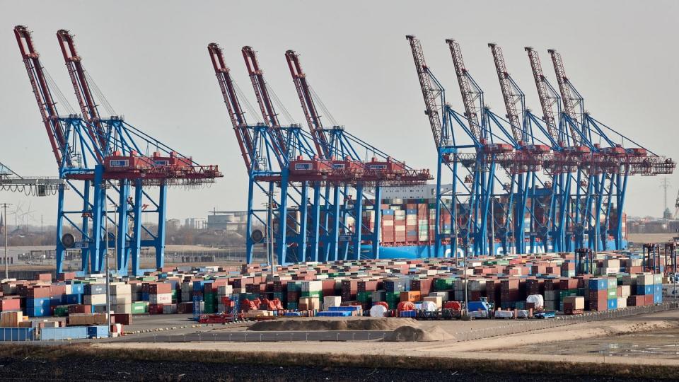 Kräne der Hamburger Hafen und Logistik AG (HHLA) und Container stehen im Hamburger Hafen. Das ifo-Institut hat seine Wachstumsprognose für die deutsche Wirtschaft gesenkt.