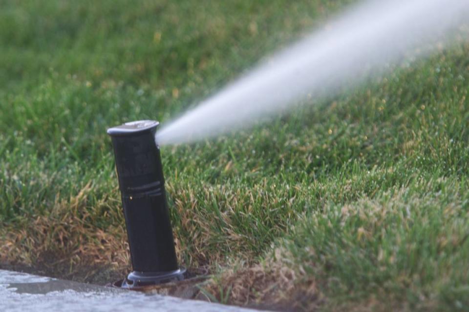 A water sprinkler on a lawn.