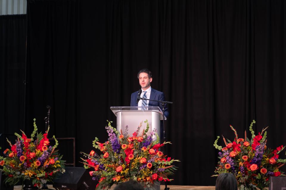Victor Boutros, co-founder of the Human Trafficking Institute, addresses the crowd as its featured speaker Tuesday morning at the 34th annual Amarillo Community Prayer Breakfast at the Amarillo Civic Center.