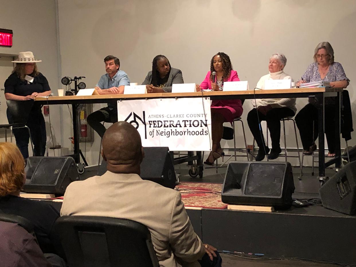 The Federation of Neighborhoods on Monday, April 8, 2024, held a candidate forum for those seeking Athens-Clarke County Commission seats. From left, the people in the photo are forum moderator Suki Janssen, District 2 candidate Jason Jacobs, District 6 candidate Rashe Malcolm, District 6 candidate Stephanie Johnson, District 8 candidate Sidney Waters and District 8 candidate Carol Myers.