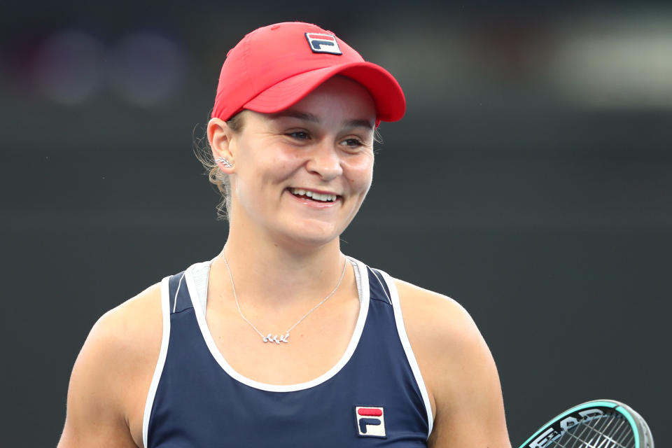 Ashleigh Barty smiles while partnered with Kiki Bertens of the Netherlands in the doubles finals match against Hsieh Su-wei and Strycova Barbora.