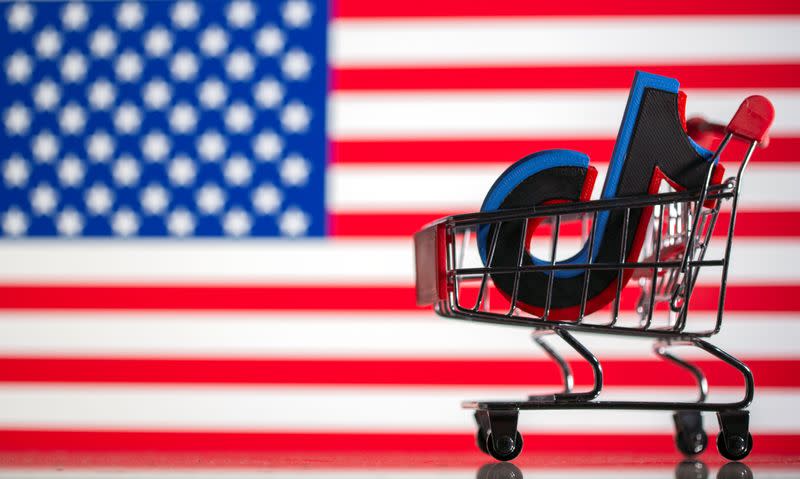 Shopping cart carrying a 3D printed Tik Tok logo is seen in front of displayed U.S. flag in this illustration