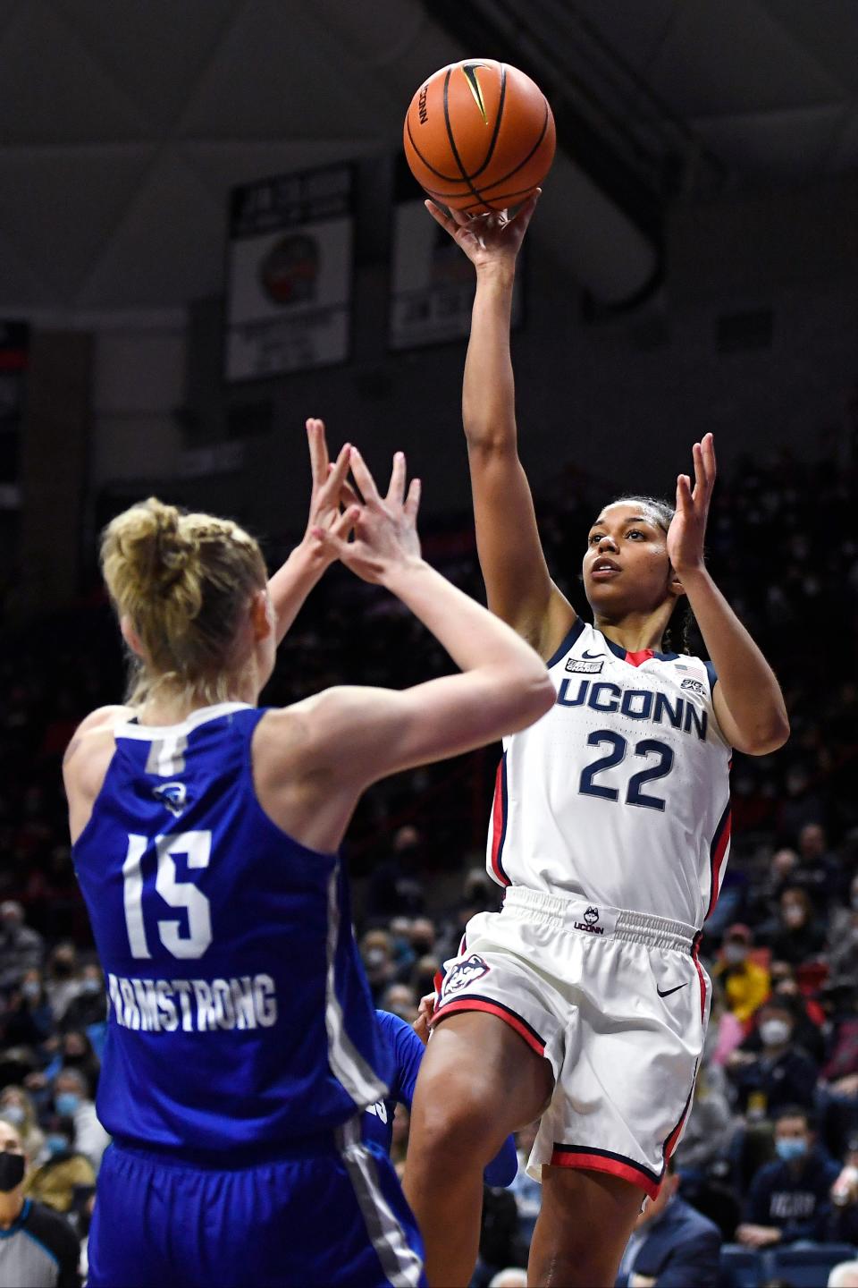 UConn's Evina Westbrook (22) shoots over Seton Hall's Katie Armstrong (15) during the Huskies' win Friday in Storrs.