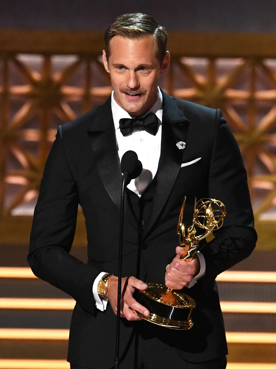 Actor Alexander Skarsgard accepts Outstanding Supporting Actor in a Limited Series or Movie for "Big Little Lies" onstage during the 69th Annual Primetime Emmy Awards at Microsoft Theater on Sept. 17, 2017 in Los Angeles, California.