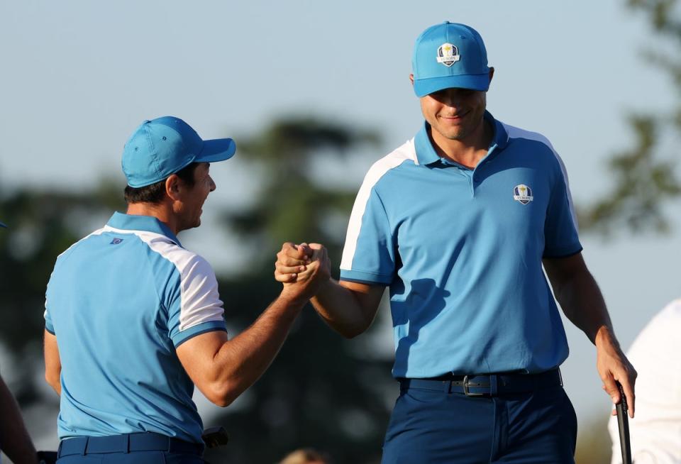 Hovland and Aberg celebrate together during their foursomes win (Getty Images)