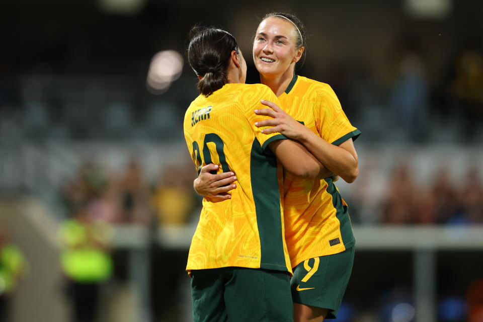 PERTH, AUSTRALIA - NOVEMBER 01: Caitlin Foord of the Matildas and Sam Kerr of the Matildas celebrate a goal during the AFC Women's Asian Olympic Qualifier match between Australia Matildas and Chinese Taipei at HBF Park on November 01, 2023 in Perth, Australia. (Photo by James Worsfold/Getty Images)