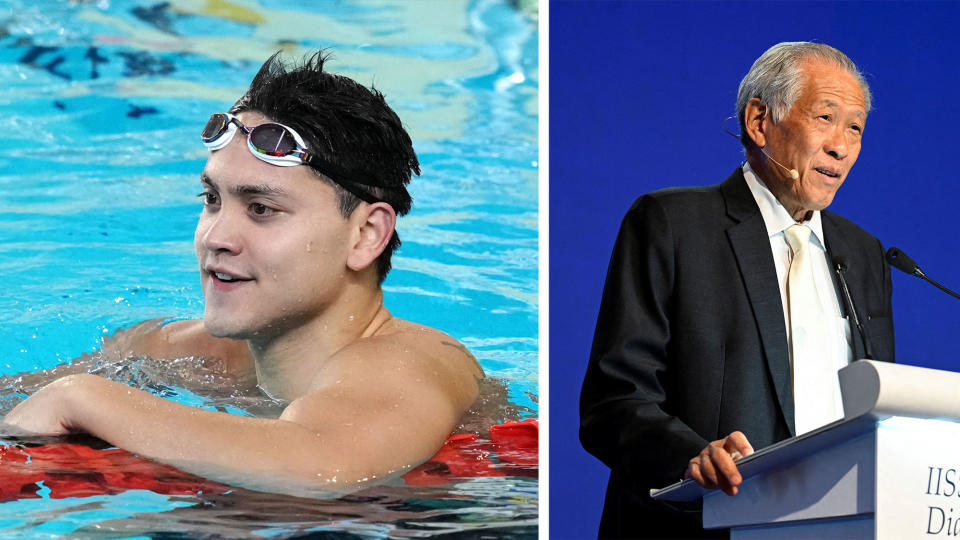 Composite image of Joseph Schooling in a swimming pool and Ng Eng Hen at a podium.