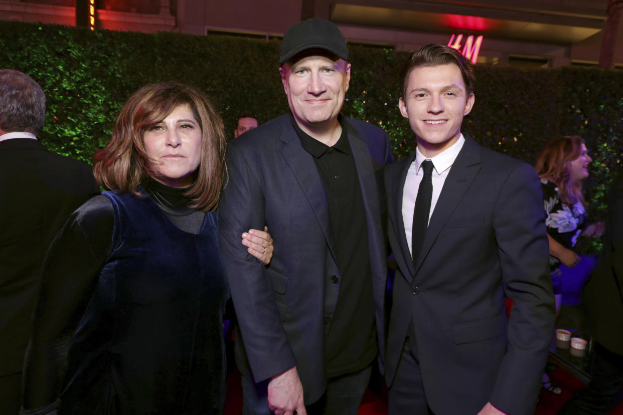 Producer Amy Pascal, Executive Producer Kevin Feige, President of Marvel Studios, and Tom Holland seen at Columbia Pictures World Premiere of "Spider-Man: Homecoming" after party on Wednesday, June 28, 2017, in Hollywood, CA. (Photo by Eric Charbonneau/Invision for Sony Pictures/AP Images)