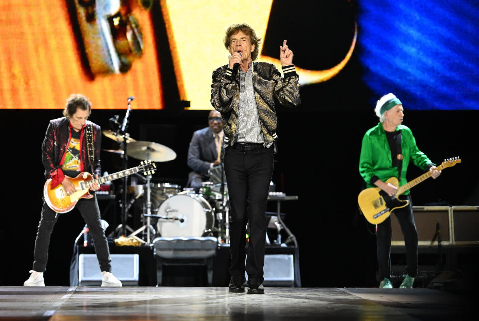 Ronnie Wood, Mick Jagger, and Keith Richards performs onstage at The Rolling Stones “Hackney Diamonds Tour” held at SoFi Stadium on July 10, 2024 in Los Angeles, California.