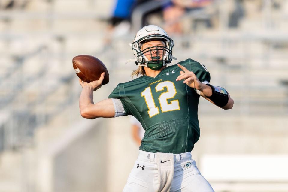 Gretna (Neb.) High School quarterback Zane Flores (12) is set to sign with Oklahoma State on Wednesday.