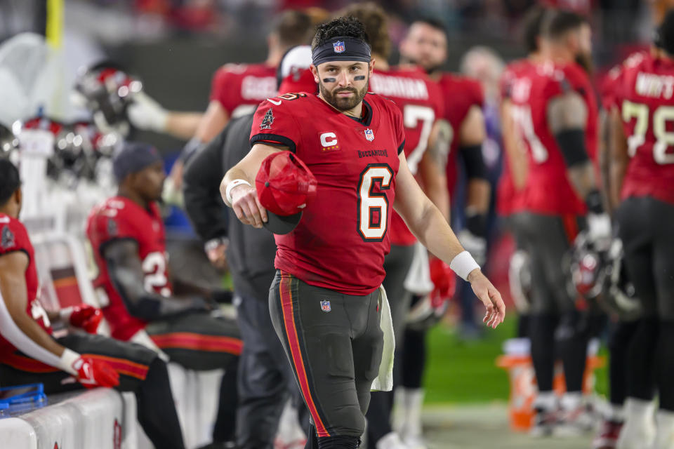 Tampa Bay Buccaneers quarterback Baker Mayfield (6) walks on the sidelines during an NFL wild-card playoff football game, Monday, Jan. 15, 2024 in Tampa, Fla. (AP Photo/Doug Murray)