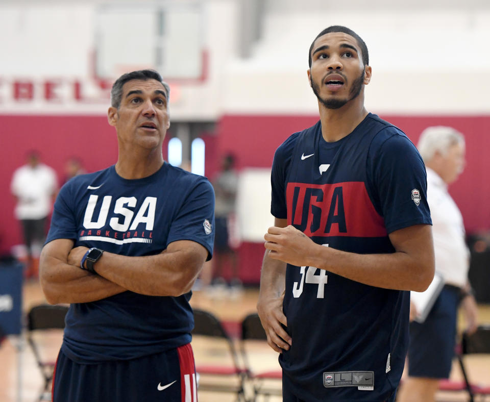 LAS VEGAS, NEVADA - AUGUST 05:  Assistant coach Jay Wright and Jayson Tatum #34 of the 2019 USA Men's National Team talk during a practice session at the 2019 USA Basketball Men's National Team World Cup minicamp at the Mendenhall Center at UNLV on August 5, 2019 in Las Vegas, Nevada.  (Photo by Ethan Miller/Getty Images)