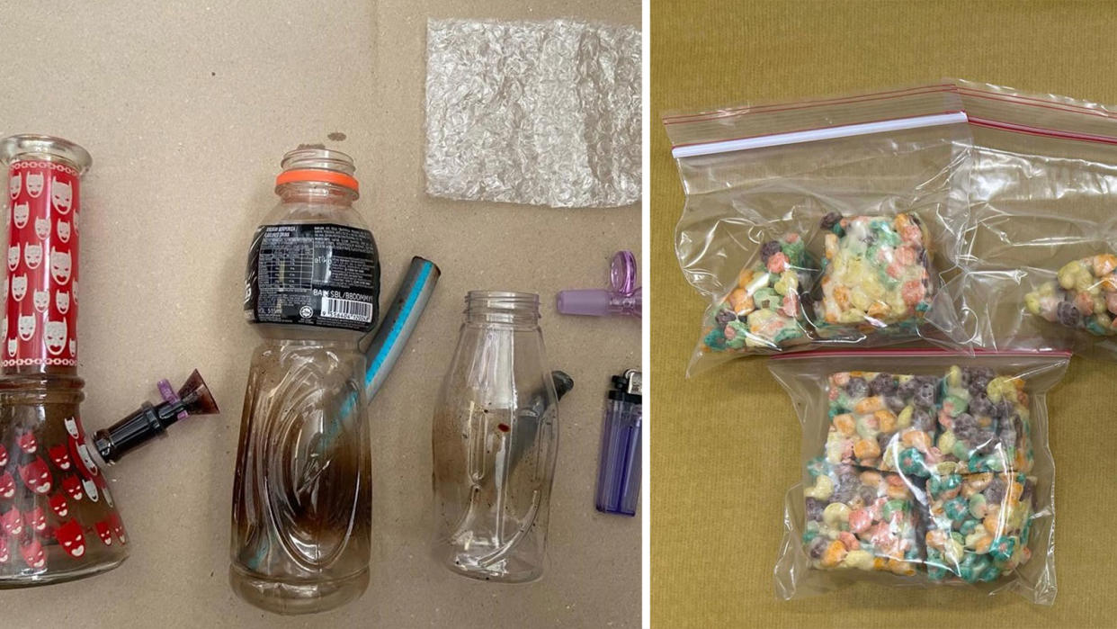 Drug paraphernalia (left) and food products believed to be infused with cannabis (right) seized by the CNB in the two cases. (Photos: CNB)