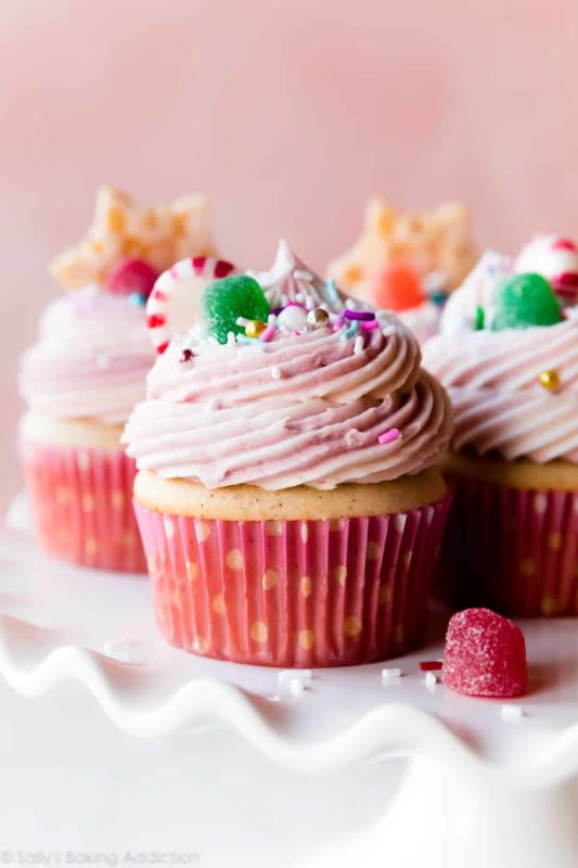 <p>Sally's Baking Addiction</p><p>These magical Sugar Plum Fairy Cupcakes are lightly spiced with cinnamon and nutmeg and filled with fruity jam.</p><p><strong>Get the recipe: <a href="https://sallysbakingaddiction.com/sugar-plum-fairy-cupcakes/" rel="nofollow noopener" target="_blank" data-ylk="slk:Sugar Plum Fairy Cupcakes;elm:context_link;itc:0;sec:content-canvas" class="link rapid-noclick-resp">Sugar Plum Fairy Cupcakes</a></strong></p>