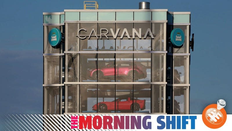 A photo of the Carvana glass tower of cars with The Morning Shift banner along the bottom. 