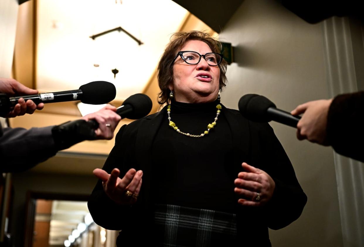 Liberal MP Yvonne Jones speaks to reporters before a meeting of the Liberal Women's Caucus, on Parliament Hill in Ottawa, on Jan. 24, 2024. (Justin Tang/The Canadian Press - image credit)