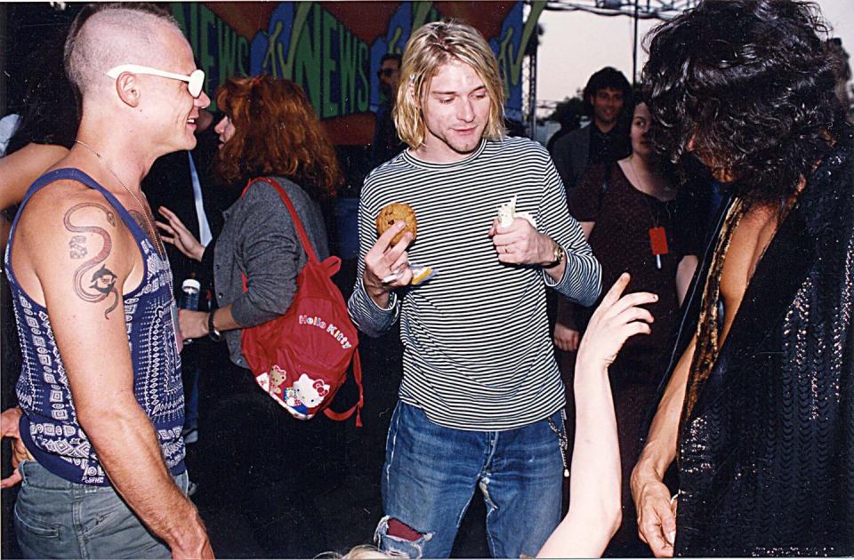 <p>Flea of Red Hot Chili Peppers and Kurt Cobain of Nirvana attend the 1993 MTV Video Music Awards in Los Angeles, CA.</p>