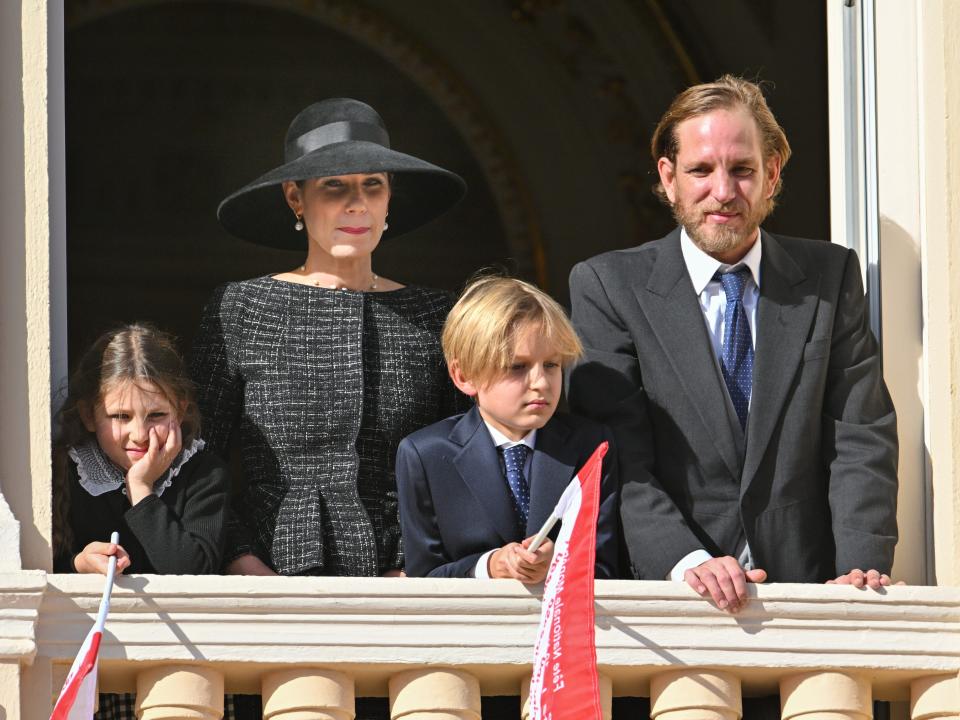 India Casiraghi, Tatiana Santo Domingo, Sacha Casiraghi and Andrea Casiraghi appear at the Palace balcony during the Monaco National Day on November 19, 2022