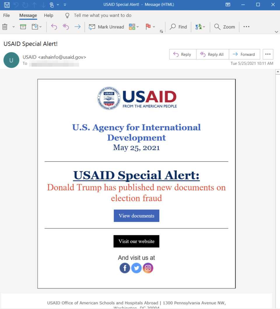 A screenshot with redacted information shows an alleged spear-phishing email intended to resemble a real email from the United States Agency for International Development.