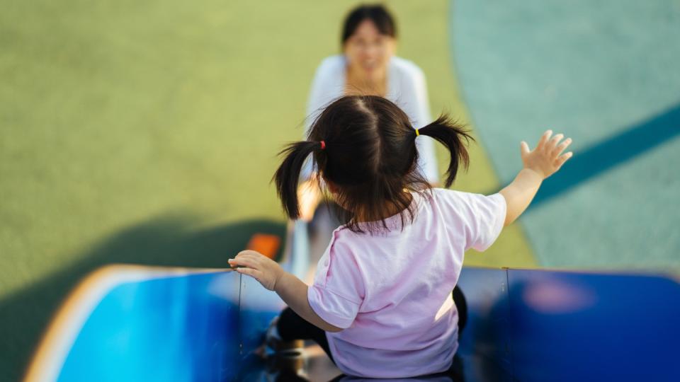 Child going down slide with adult waiting at the bottom