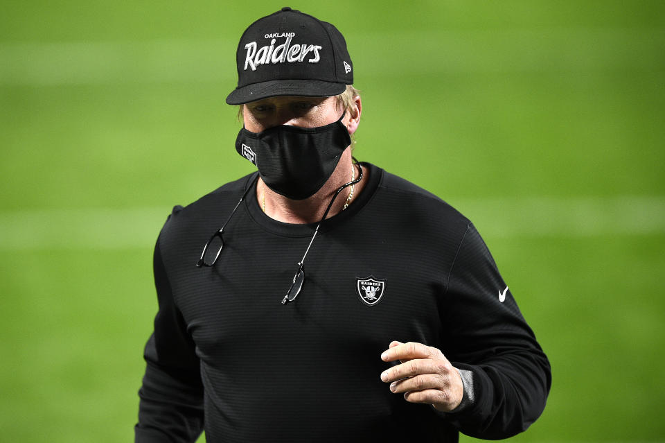 Coach Jon Gruden of the Las Vegas Raiders wearing his Oakland Raiders hat. (Photo by Chris Unger/Getty Images)