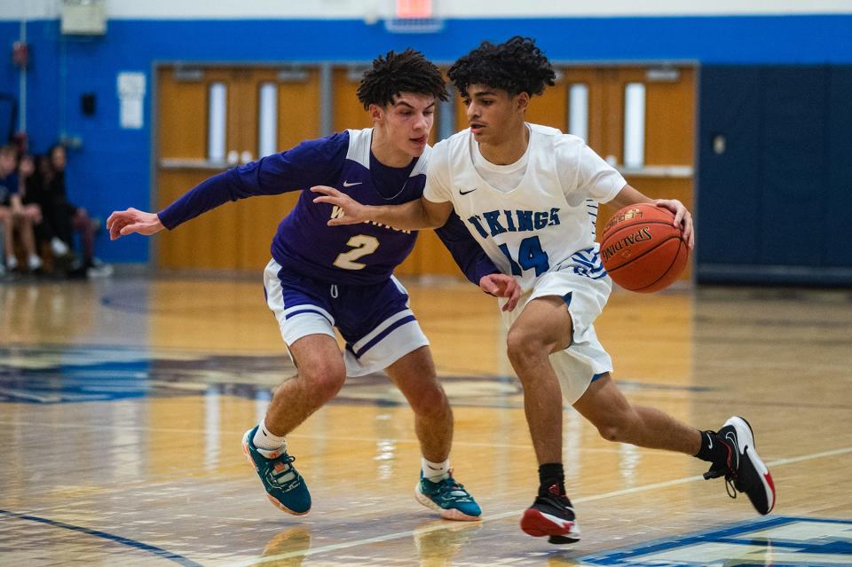 Warwick's Skylar Rodriquez, left, guards Valley Central's Armando Perez during the Section 9 boys basketball game at Valley Central High School in Montgomery, NY on Friday, January 6, 2023. Warwick defeated Central Valley. KELLY MARSH/FOR THE TIMES HERALD-RECORD