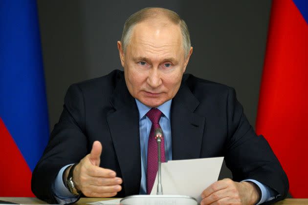 Russian President Vladimir Putin gestures while speaking during a meeting on the support for investment projects in domestic industry at the Stankomash industrial park in Chelyabinsk, Russia, Friday, Feb. 16, 2024. (Ramil Sitdikov, Sputnik, Kremlin Pool Photo via AP)